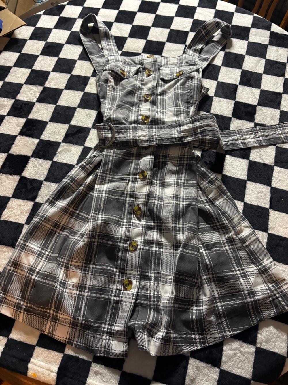 Women’s large Plaid Button-Front Pinafore Dress with Belt - Gray